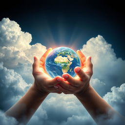 A breathtaking book cover depicting two hands lovingly holding the Earth, designed in a style reminiscent of the Twilight series cover