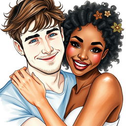 A watercolor illustration of a young couple embracing, filled with intimacy and passion, radiating emotion