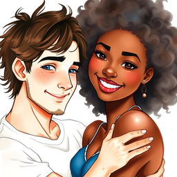 A watercolor illustration of a young couple embracing, filled with intimacy and passion, radiating emotion