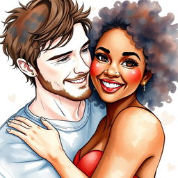 A watercolor illustration of a young couple embracing, filled with intimacy and passion, radiating emotion