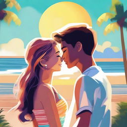 A high-quality digital art depicting a summer teen romance at a beach