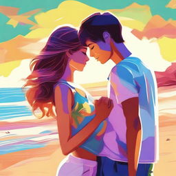 A high-quality digital art depicting a summer teen romance at a beach