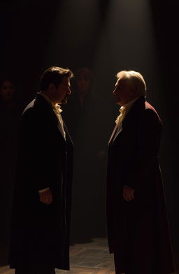 A theatrical scene depicting the intense emotion of two men surrounded by the shadowy silhouettes of women