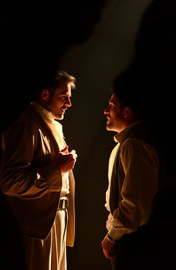 A theatrical scene depicting the intense emotion of two men surrounded by the shadowy silhouettes of women