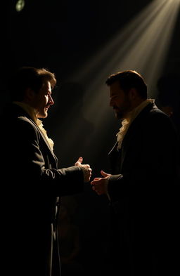 A theatrical scene depicting the intense emotion of two men surrounded by the shadowy silhouettes of women