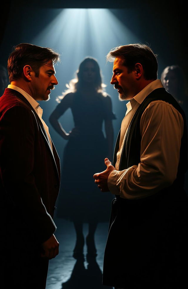 A theatrical scene depicting the intense emotion of two men surrounded by the shadowy silhouettes of women