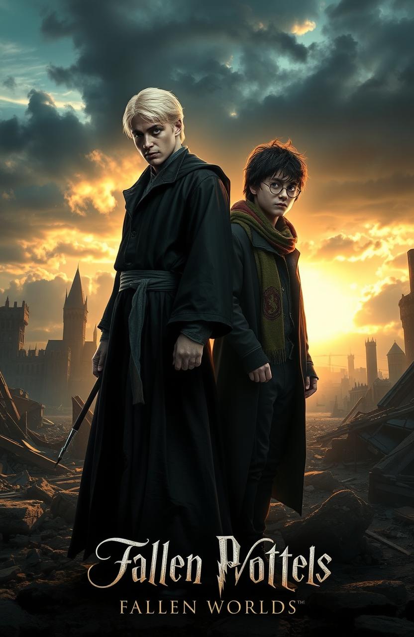 A powerful scene depicting Draco Malfoy and Harry Potter standing amidst the ruins of a war-torn landscape, showcasing the aftermath of their intense battles