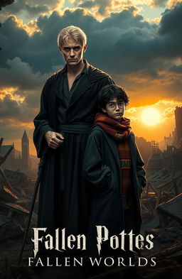 A powerful scene depicting Draco Malfoy and Harry Potter standing amidst the ruins of a war-torn landscape, showcasing the aftermath of their intense battles