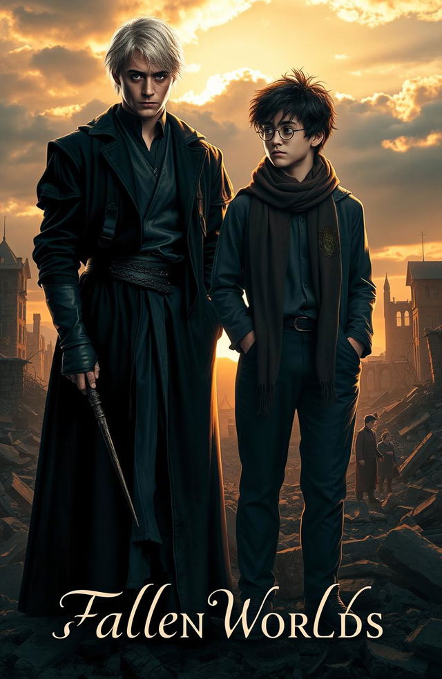 A powerful scene depicting Draco Malfoy and Harry Potter standing amidst the ruins of a war-torn landscape, showcasing the aftermath of their intense battles