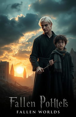 A powerful scene depicting Draco Malfoy and Harry Potter standing amidst the ruins of a war-torn landscape, showcasing the aftermath of their intense battles