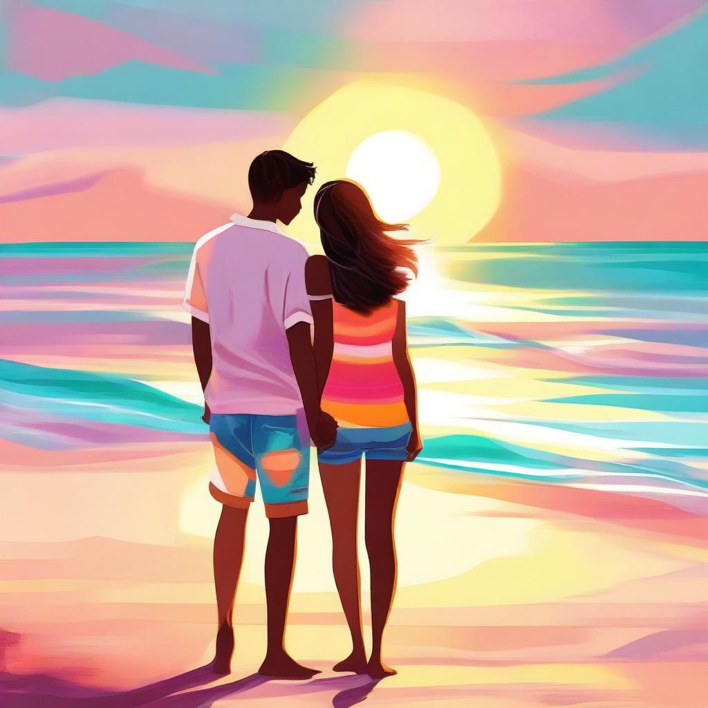 A high-quality digital art depicting a summer teen romance at a beach