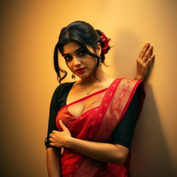 A beautiful and intimate scene featuring an Indian brunette maid wearing a stylish black blouse and a vibrant red saree, posing gracefully against a wall