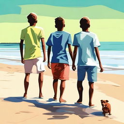 A high-quality digital art portraying two best friends and one friend's brother at the beach