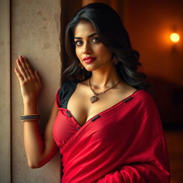 A beautiful and intimate scene featuring an Indian brunette maid wearing a stylish black blouse and a vibrant red saree, posing gracefully against a wall