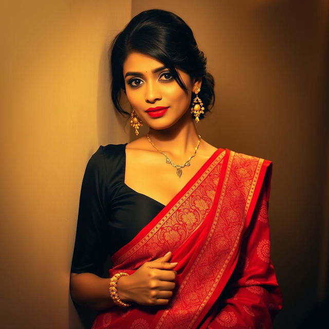 A beautiful and intimate scene featuring an Indian brunette maid wearing a stylish black blouse and a vibrant red saree, posing gracefully against a wall