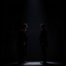 A theatrical scene showcasing the poignant dynamics between two men framed by the ethereal shadows of women