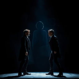 A theatrical scene showcasing the poignant dynamics between two men framed by the ethereal shadows of women