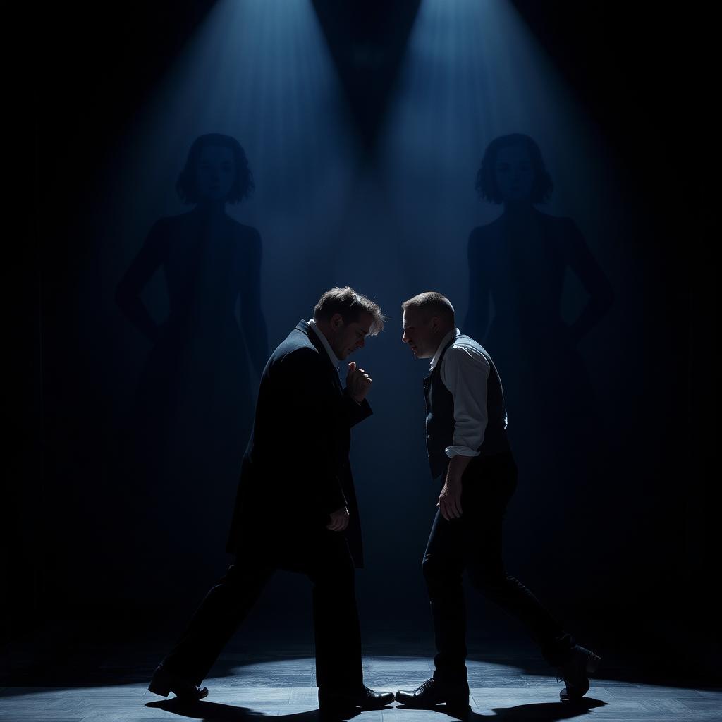 A theatrical scene showcasing the poignant dynamics between two men framed by the ethereal shadows of women