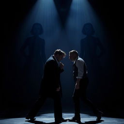 A theatrical scene showcasing the poignant dynamics between two men framed by the ethereal shadows of women