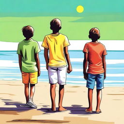 A high-quality digital art portraying two best friends and one friend's brother at the beach