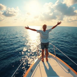 A serene and captivating cover for a book featuring a solitary figure standing with arms outstretched on the deck of a boat in the vast ocean