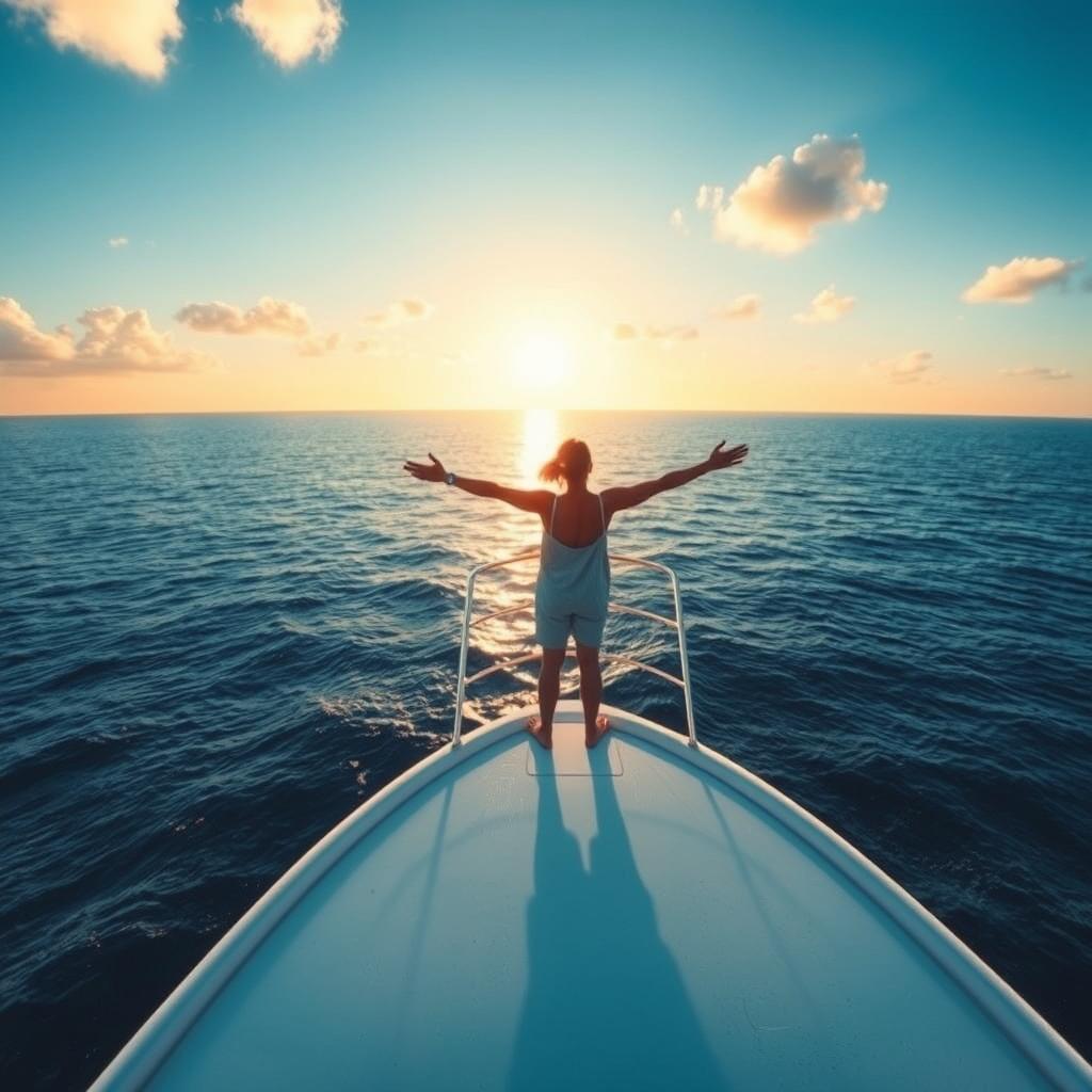 A serene and captivating cover for a book featuring a solitary figure standing with arms outstretched on the deck of a boat in the vast ocean