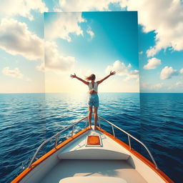 A serene and captivating cover for a book featuring a solitary figure standing with arms outstretched on the deck of a boat in the vast ocean
