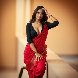 A beautiful and intimate scene featuring an Indian brunette maid wearing a stylish black blouse and a vibrant red saree, posing gracefully on a wall while standing on one leg