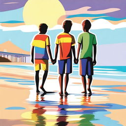 A high-quality digital art portraying two best friends and one friend's brother at the beach