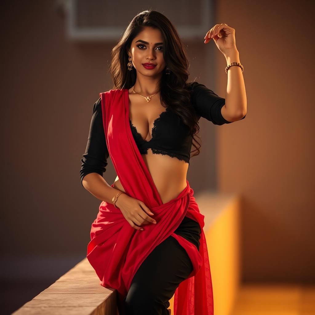 A beautiful and intimate scene featuring an Indian brunette maid wearing a stylish black blouse and a vibrant red saree, posing gracefully on a wall while standing on one leg
