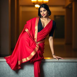 A beautiful and intimate scene featuring an Indian brunette maid wearing a stylish black blouse and a vibrant red saree, posing gracefully on a wall while standing on one leg