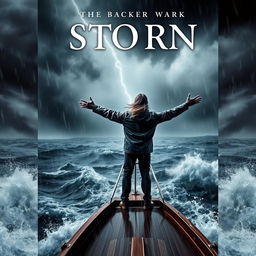 A dramatic and intense cover for a book featuring a solitary figure standing with arms outstretched on the deck of a boat in the midst of a raging storm at sea