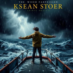 A dramatic and intense cover for a book featuring a solitary figure standing with arms outstretched on the deck of a boat in the midst of a raging storm at sea
