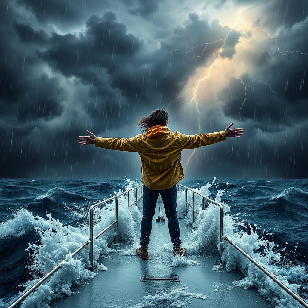 A dramatic and intense cover for a book featuring a solitary figure standing with arms outstretched on the deck of a boat in the midst of a raging storm at sea