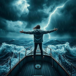 A dramatic and intense cover for a book featuring a solitary figure standing with arms outstretched on the deck of a boat in the midst of a raging storm at sea