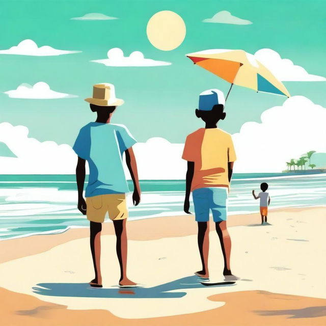 A high-quality digital art portraying two best friends and one friend's brother at the beach