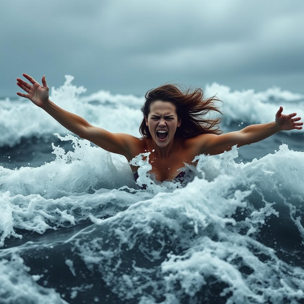 A dramatic scene depicting a woman struggling in turbulent ocean waves, her arms reaching out in desperation as water crashes around her