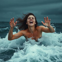 A dramatic scene depicting a woman struggling in turbulent ocean waves, her arms reaching out in desperation as water crashes around her
