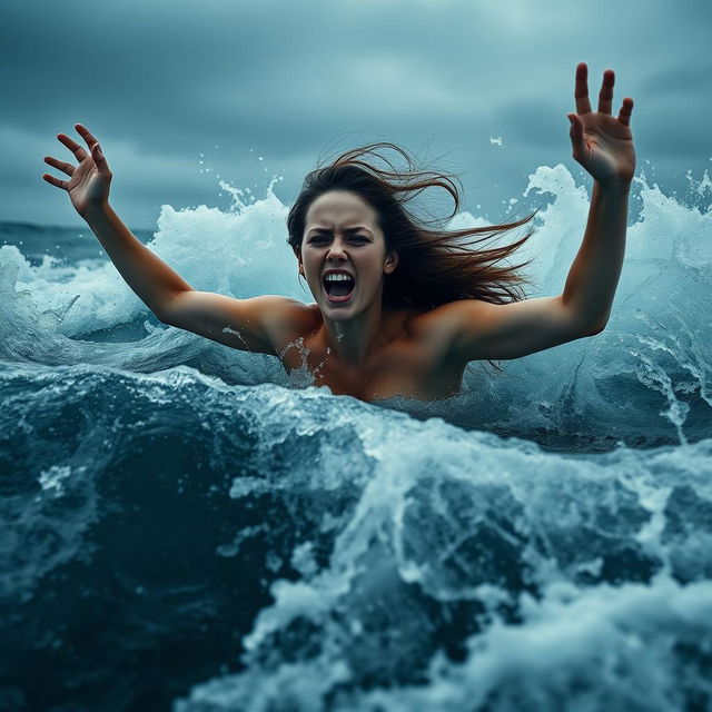 A dramatic scene depicting a woman struggling in turbulent ocean waves, her arms reaching out in desperation as water crashes around her