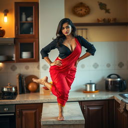 A beautiful and intimate scene set in a kitchen, featuring an Indian brunette maid wearing a chic black blouse and a vibrant red saree