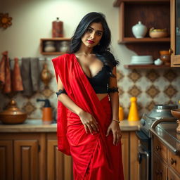 A beautiful and intimate scene set in a kitchen, featuring an Indian brunette maid wearing a chic black blouse and a vibrant red saree