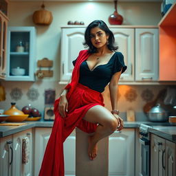 A beautiful and intimate scene set in a kitchen, featuring an Indian brunette maid wearing a chic black blouse and a vibrant red saree