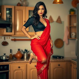 A beautiful and intimate scene set in a kitchen, featuring an Indian brunette maid wearing a chic black blouse and a vibrant red saree