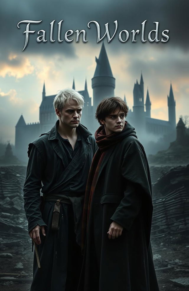 A dramatic and intense scene depicting Draco Malfoy and Harry Potter standing together in a post-war landscape, reflecting on their shared past and the destruction around them