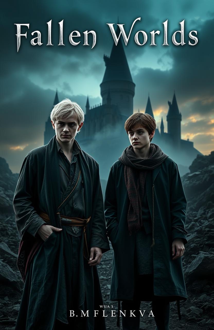 A dramatic and intense scene depicting Draco Malfoy and Harry Potter standing together in a post-war landscape, reflecting on their shared past and the destruction around them