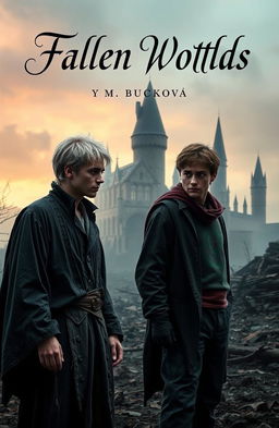 A dramatic and intense scene depicting Draco Malfoy and Harry Potter standing together in a post-war landscape, reflecting on their shared past and the destruction around them