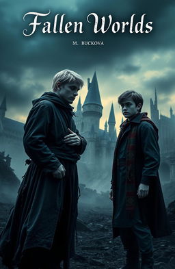 A dramatic and intense scene depicting Draco Malfoy and Harry Potter standing together in a post-war landscape, reflecting on their shared past and the destruction around them