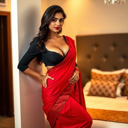 A beautiful and intimate scene set in a bedroom, featuring an Indian brunette maid dressed in a stylish black blouse and a vibrant red saree