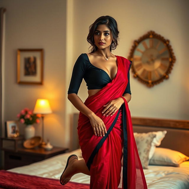 A beautiful and intimate scene set in a bedroom, featuring an Indian brunette maid dressed in a stylish black blouse and a vibrant red saree