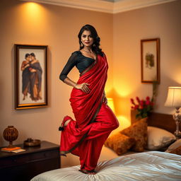 A beautiful and intimate scene set in a bedroom, featuring an Indian brunette maid dressed in a stylish black blouse and a vibrant red saree